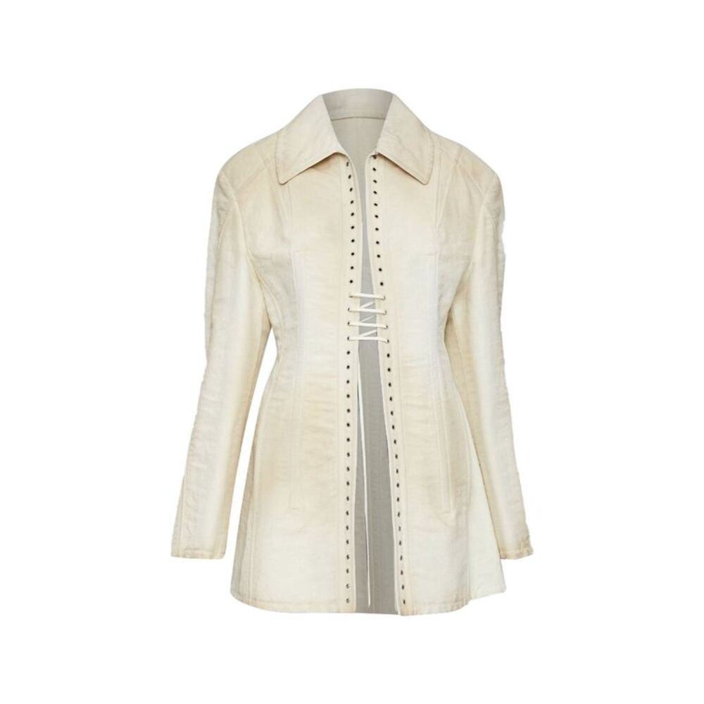 PRADA 2022 Runway Slub beige distressed canvas lace up corset jacket IT36 XXS